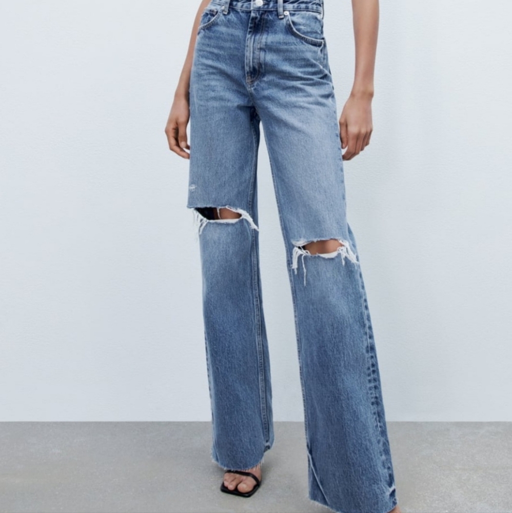 ZARA TRF Ripped Wide Leg Jean - Indigo